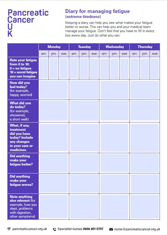 Diary for managing fatigue – Pancreatic Cancer UK