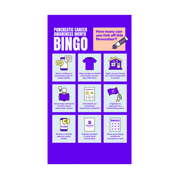 Pancreatic Cancer Awareness Month (PCAM) bingo Instagram/Facebook story post