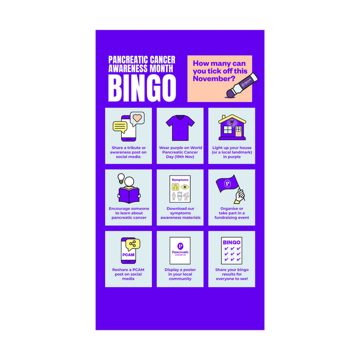 Pancreatic Cancer Awareness Month (PCAM) bingo Instagram/Facebook story post