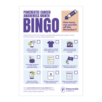Pancreatic Cancer Awareness Month (PCAM) bingo card – printable