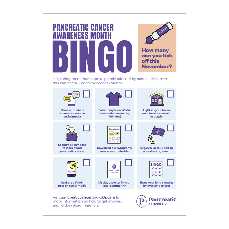 Pancreatic Cancer Awareness Month (PCAM) bingo card – printable