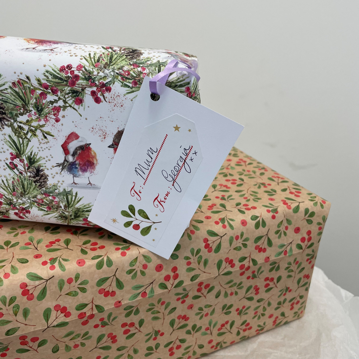 Presents wrapped with a handwritten name sticker