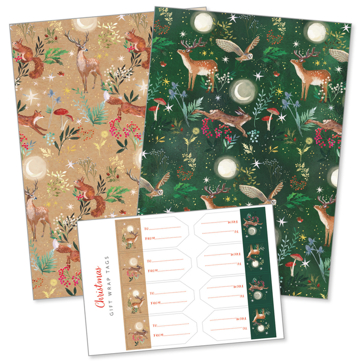 Festive woodland wrapping paper & sticker tags