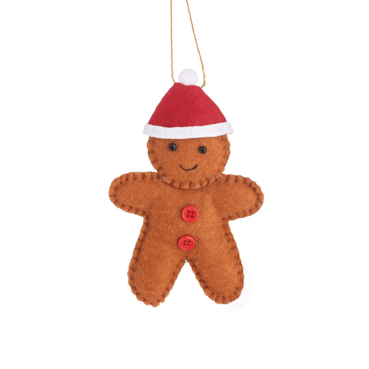 Gingerbread person with a red santa hat and red buttons