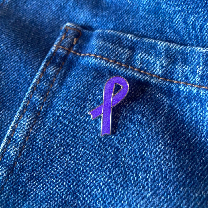 Purple ribbon pin badge - glitter