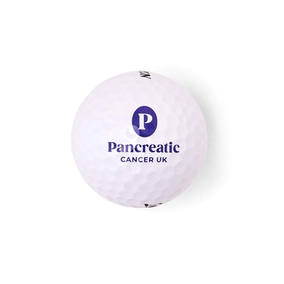 White golf ball with purple Pancreatic Cancer UK logo