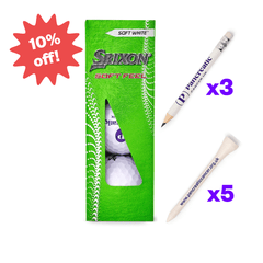 A pack of 3 Srixon soft feel golf balls, 3 golf pencils and 5 golf tees