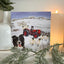 Sheep dog and tractor in snowy field Christmas card