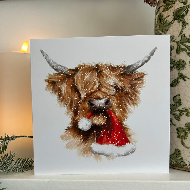 Highland cow with Christmas hat in its mouth