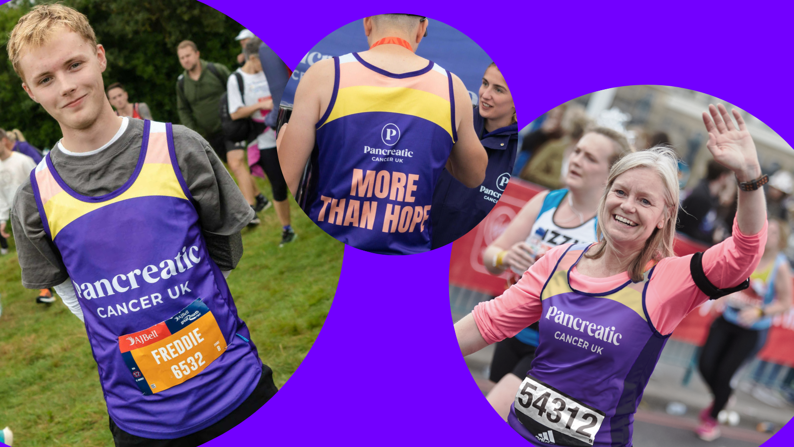 Runners wearing Pancreatic Cancer UK running shirts with a purple overlay.
