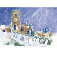Charity Christmas card with a Winter scene - a church in a snow-covered landscape