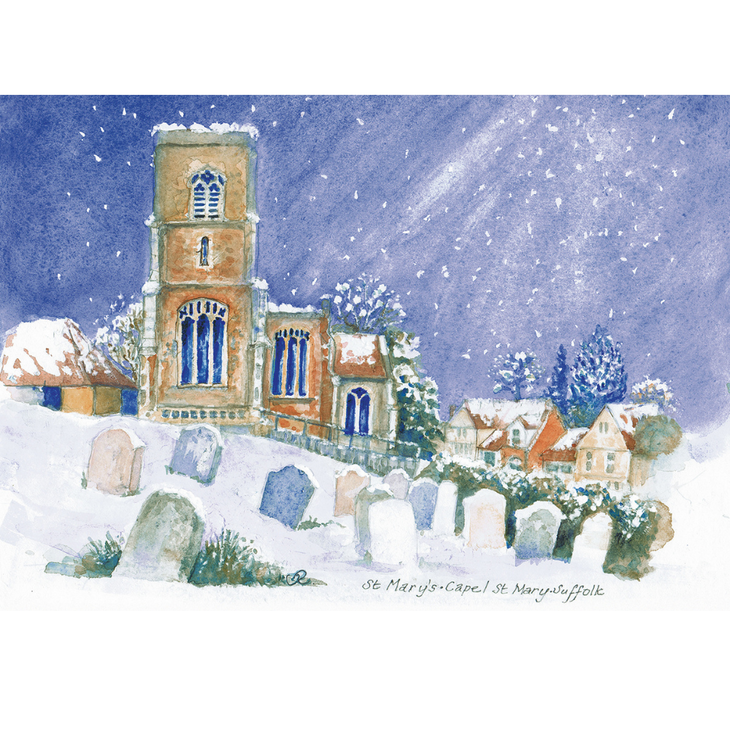 Charity Christmas card with a Winter scene - a church in a snow-covered landscape