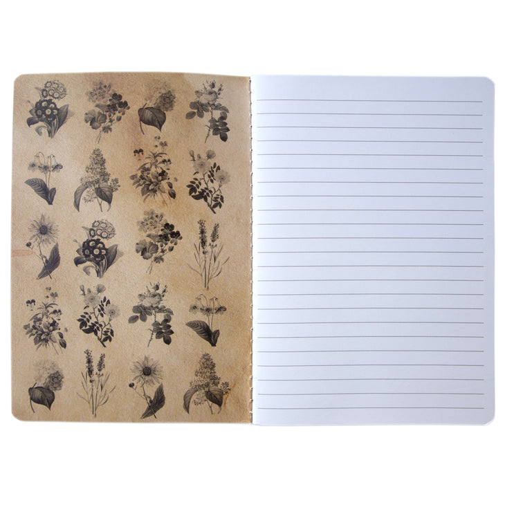 A5 paper notebook with vintage style illustrations of flowers.